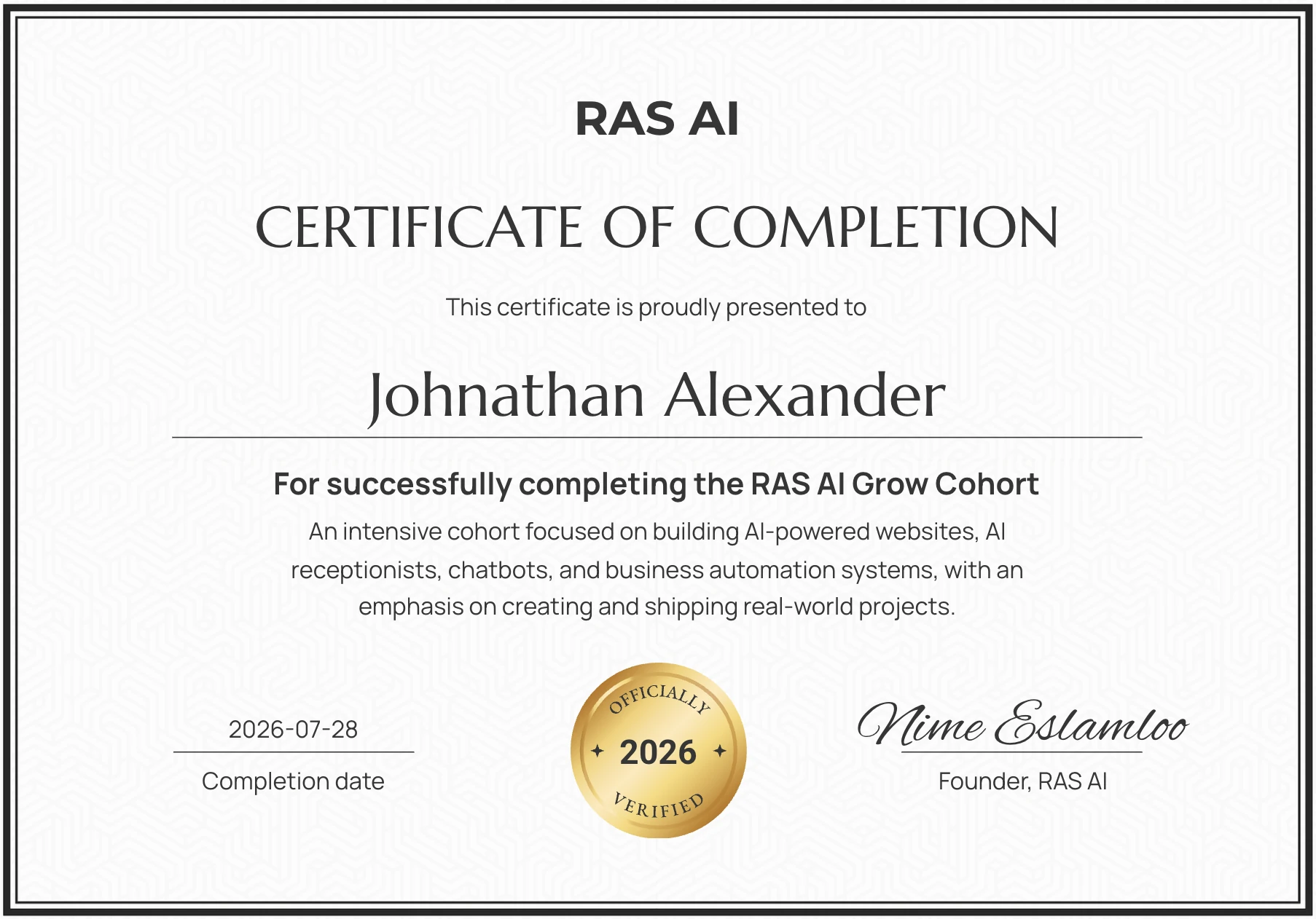 Sample RAS AI Academy certificate of completion
